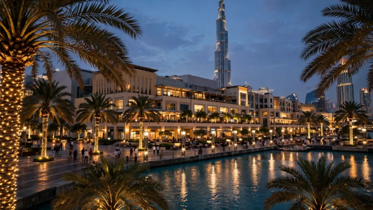 The Dubai Mall exterior at dusk with the Burj Khalifa rising behind it