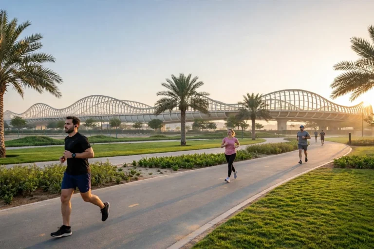 Nad Al Sheba Park at sunrise with joggers on the track and green lawns