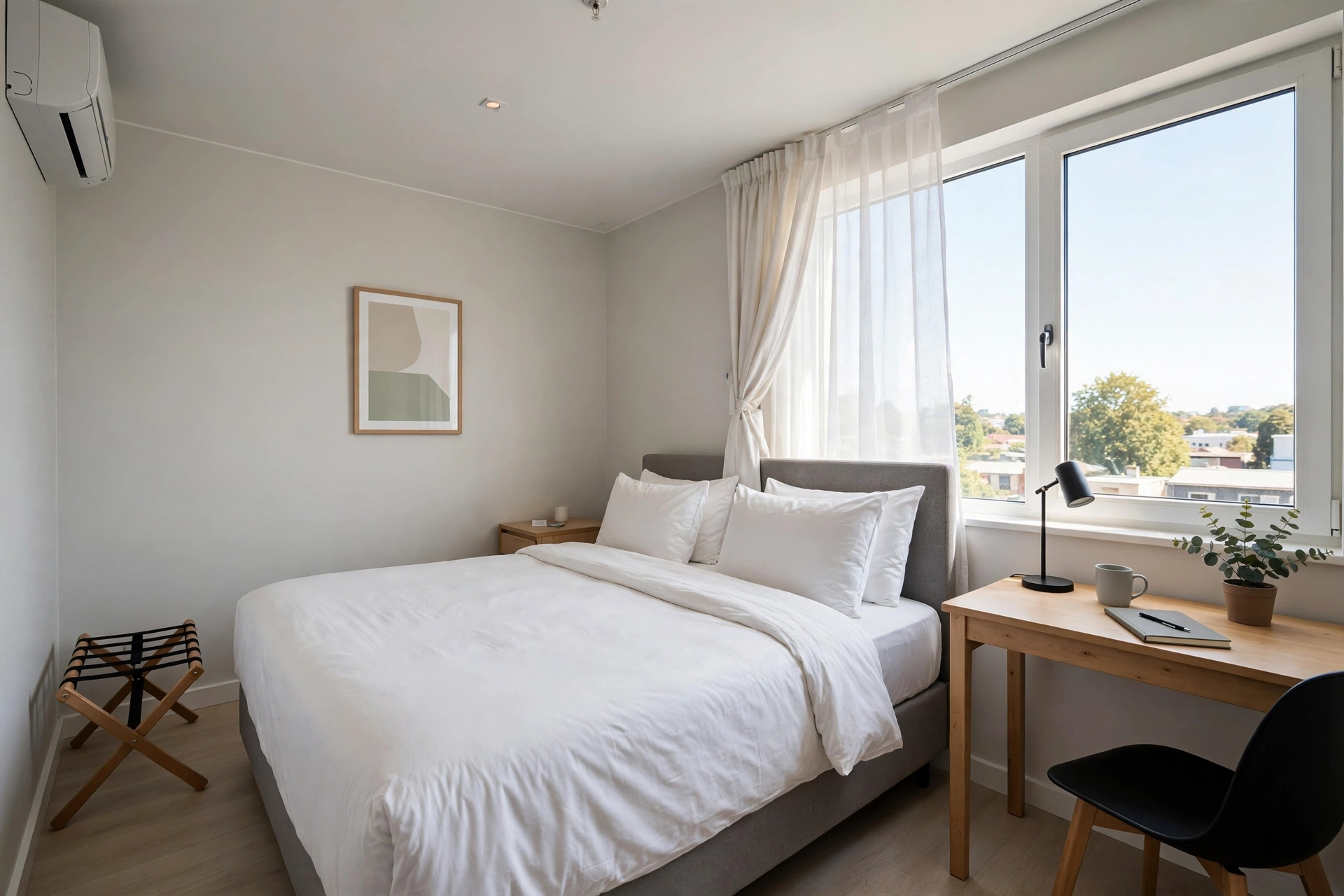 Bright modern budget hotel room in Dubai with a double bed