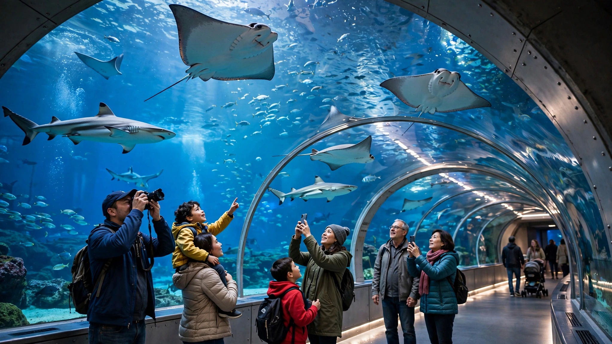 Visitors walking through the 48-metre tunnel at the Dubai Mall aquarium as sharks swim overhead