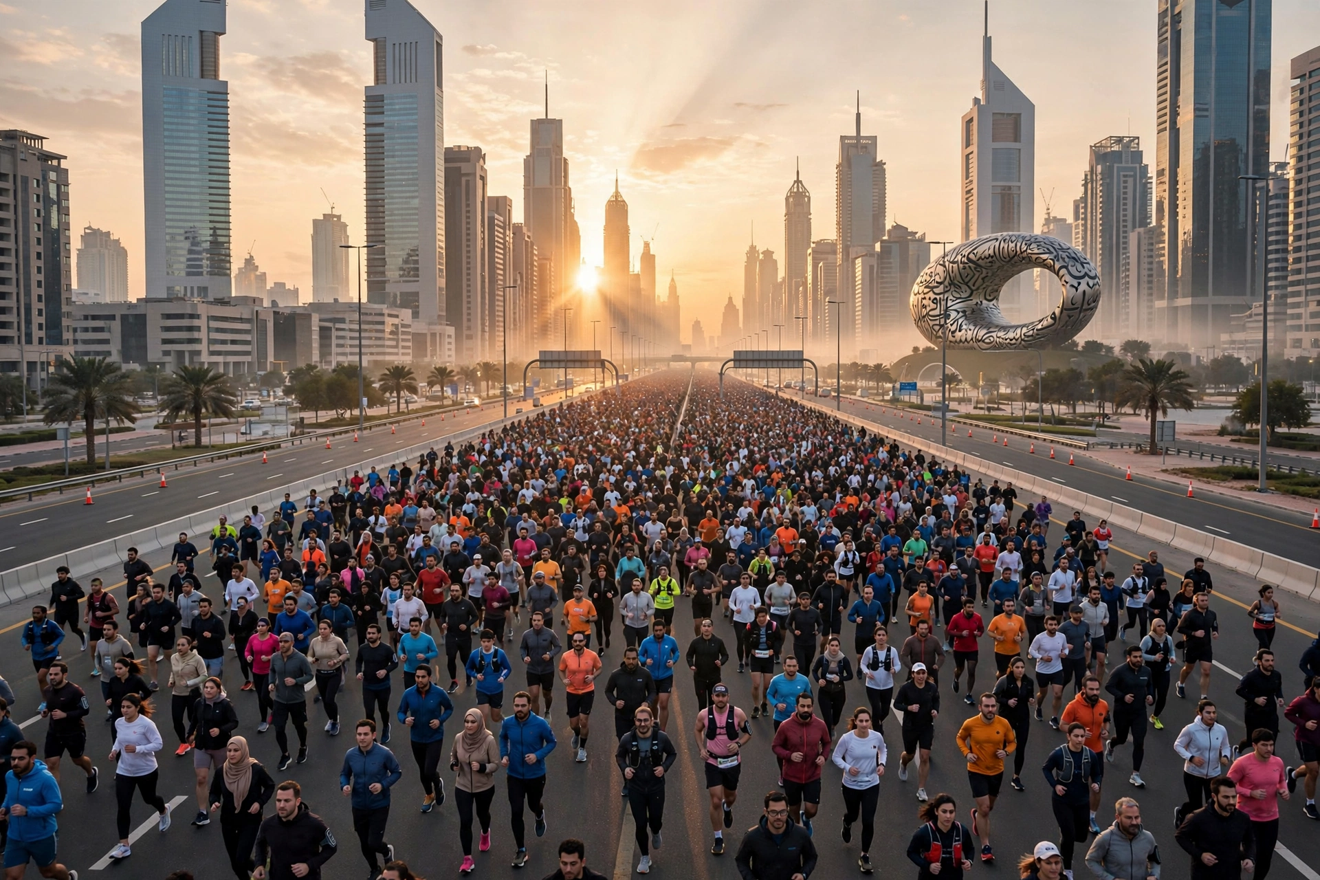 Dubai Fitness Challenge runners on Sheikh Zayed Road at sunrise during Dubai Run