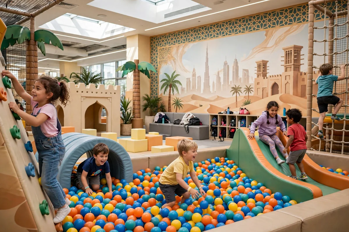 children playing on soft play climbing frames at an indoor kids attraction in Dubai