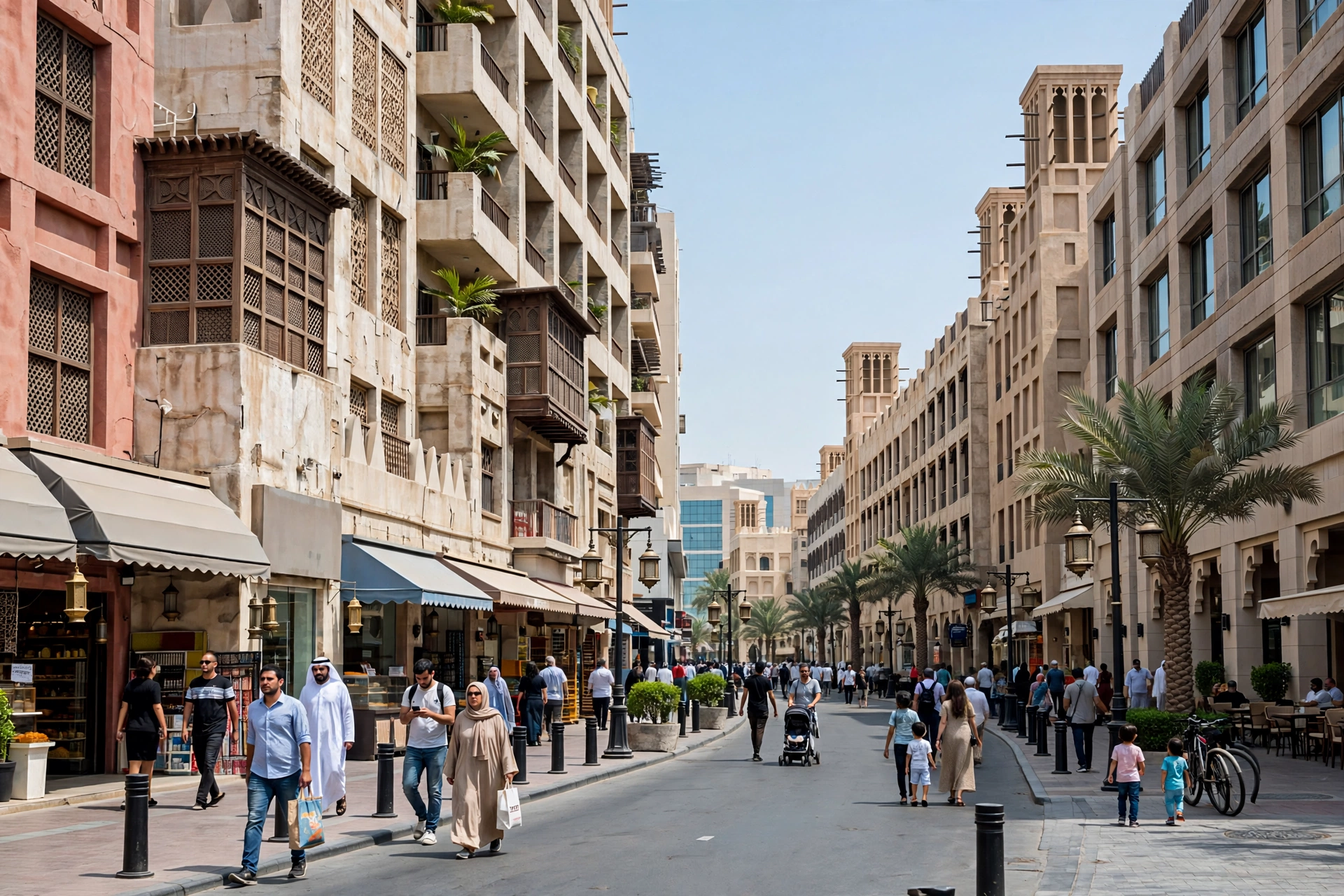 Cheap hotels in Dubai line a busy street in old Dubai near Deira