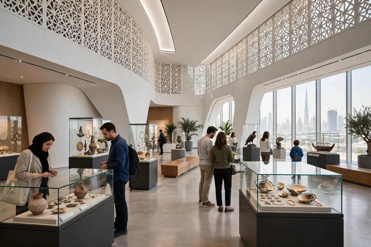 visitors viewing glowing exhibits in a modern museum gallery interior in Dubai