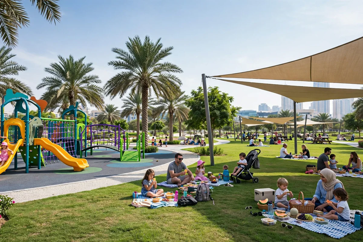 Cyclists on the lit track at Nad Al Sheba Cycle Park on Muscat Street