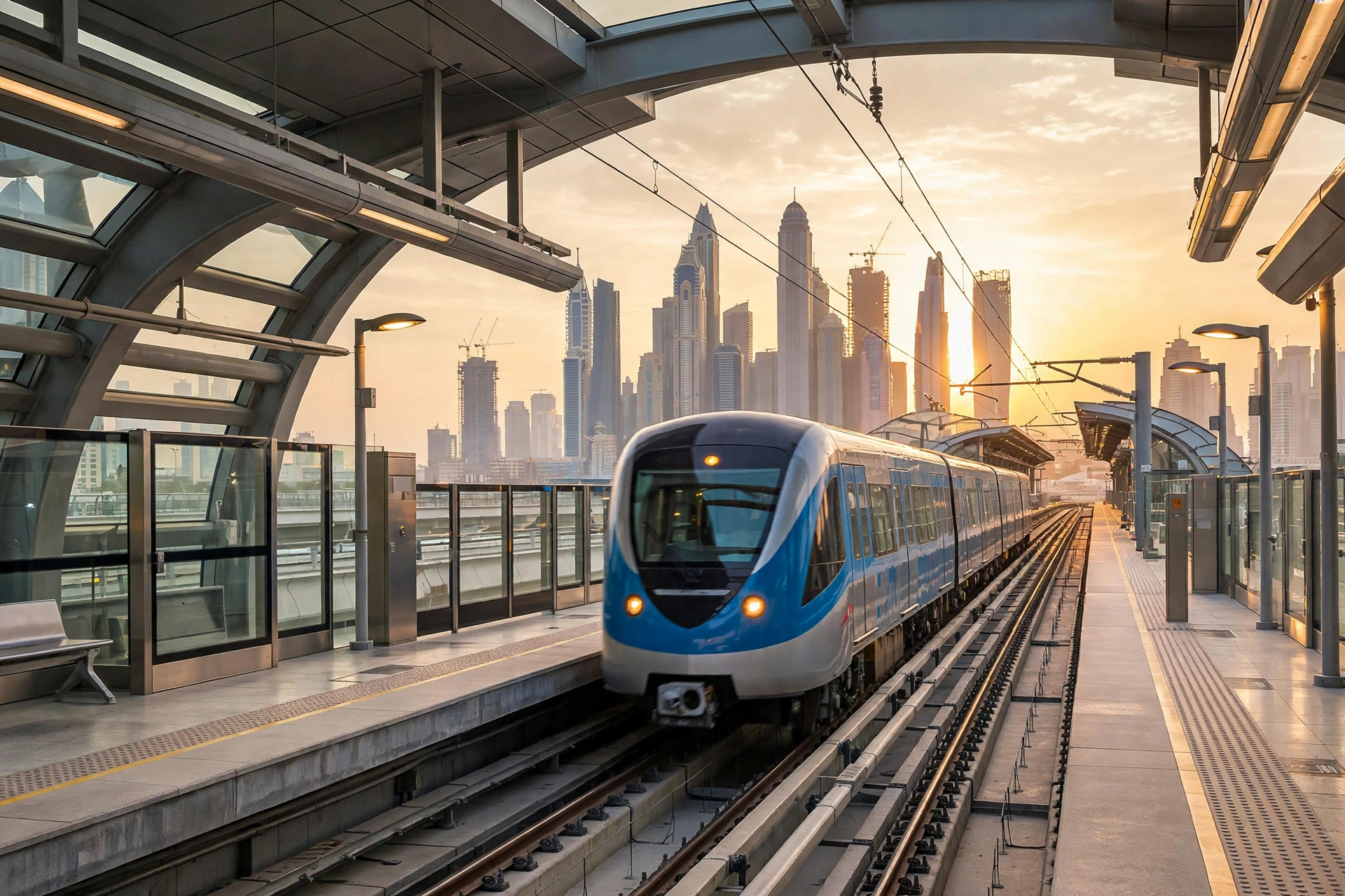 Dubai Metro train arriving at an elevated station