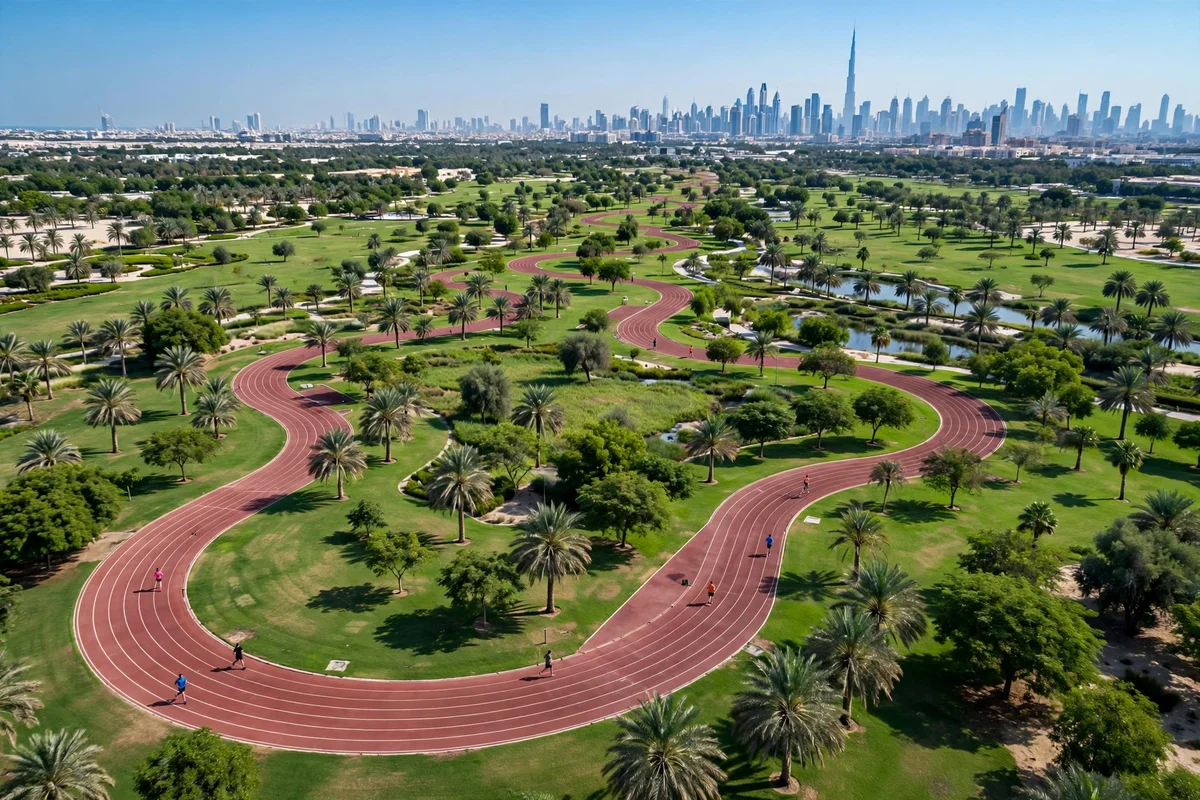 Aerial view of the running track winding through Dubai Hills Park