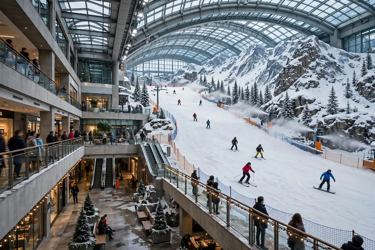 skiers on an indoor snow slope with a snowy mountain inside a Dubai mall