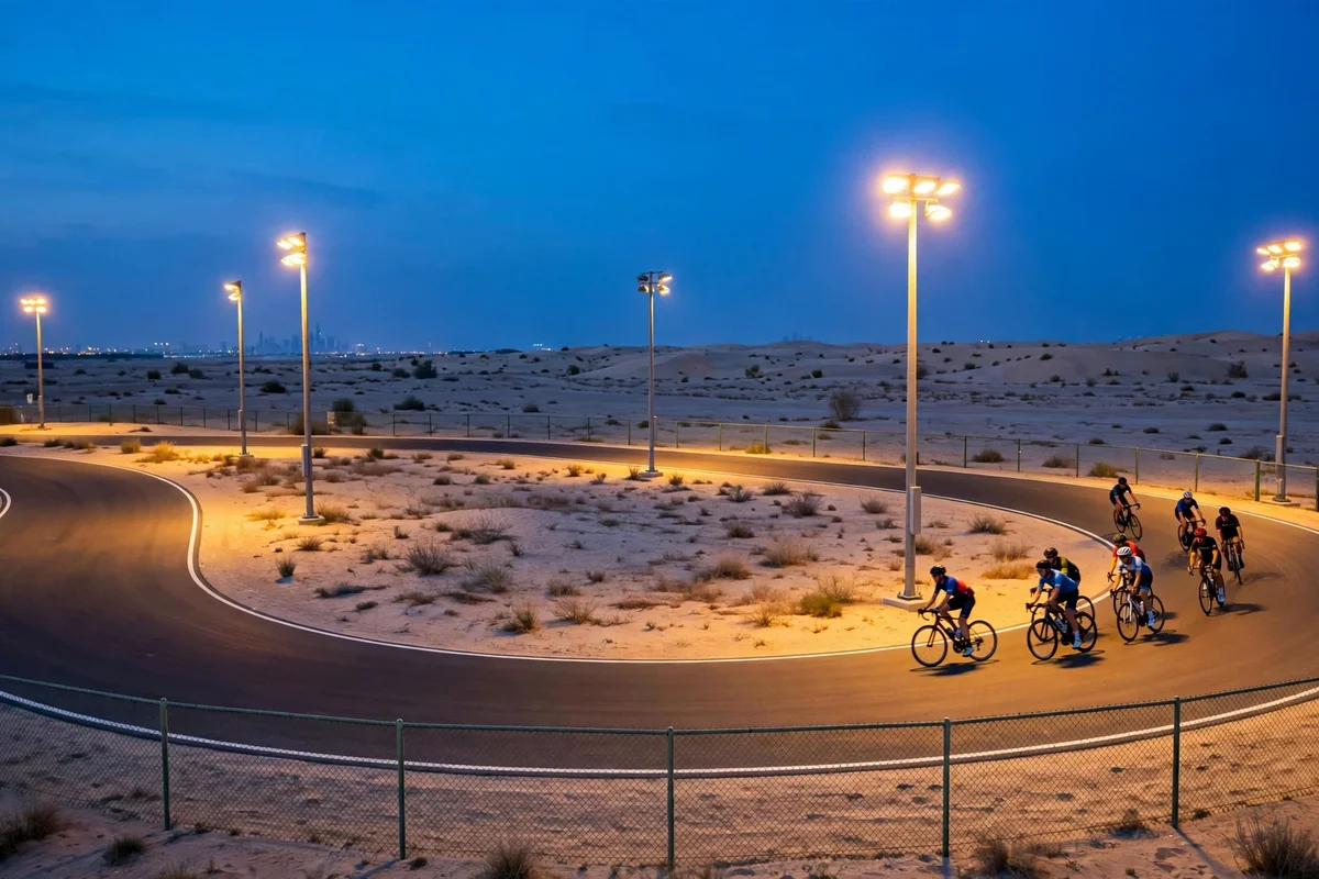 Cyclists on the lit track at Nad Al Sheba Cycle Park on Muscat Street
