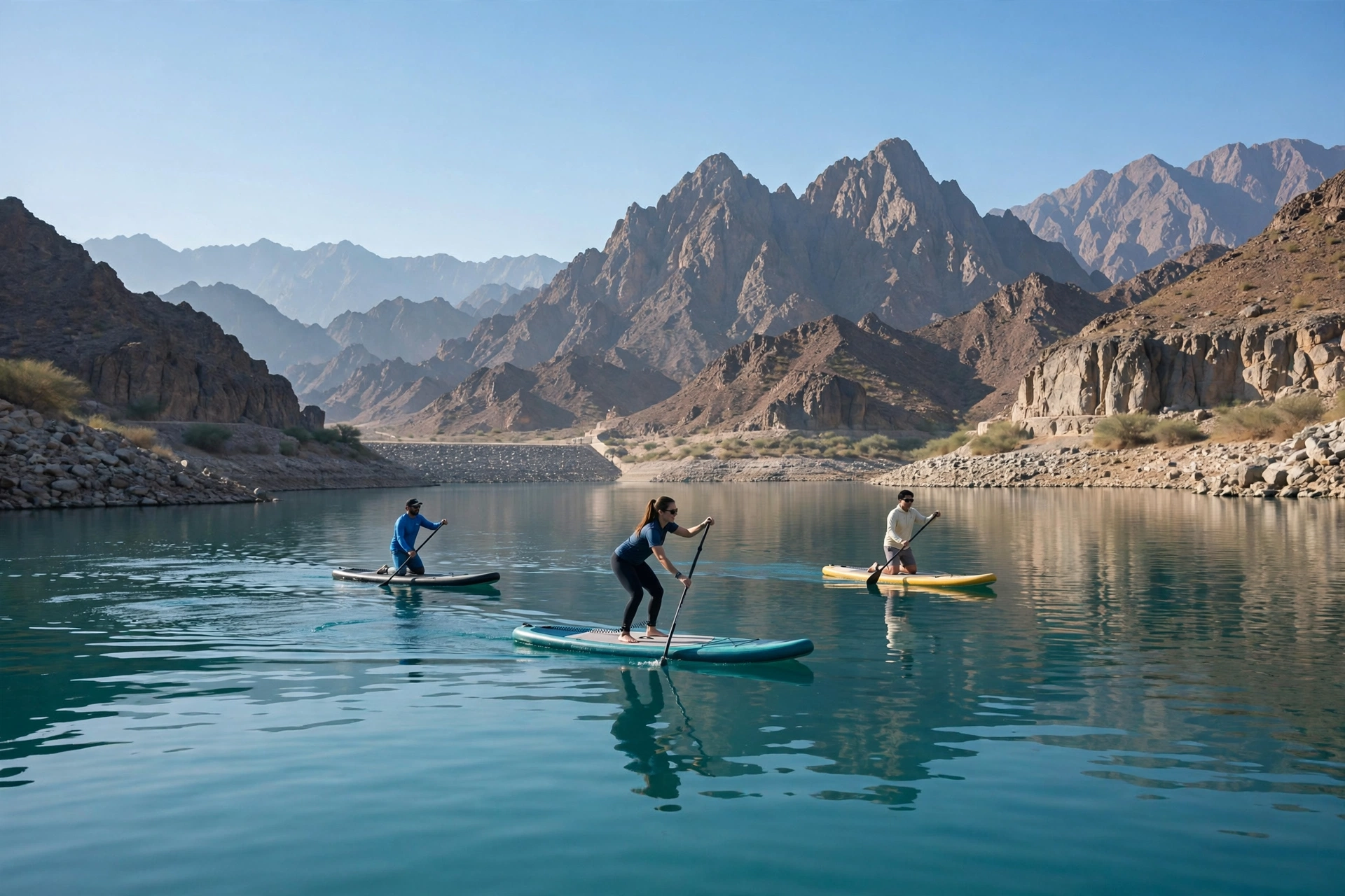 Stand-up paddle boarders on Hatta Dam during the Dubai Fitness Challenge