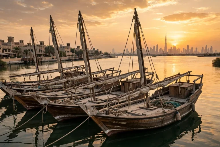 Traditional wooden dhows on Dubai Creek at sunset near Al Boom Tourist Village