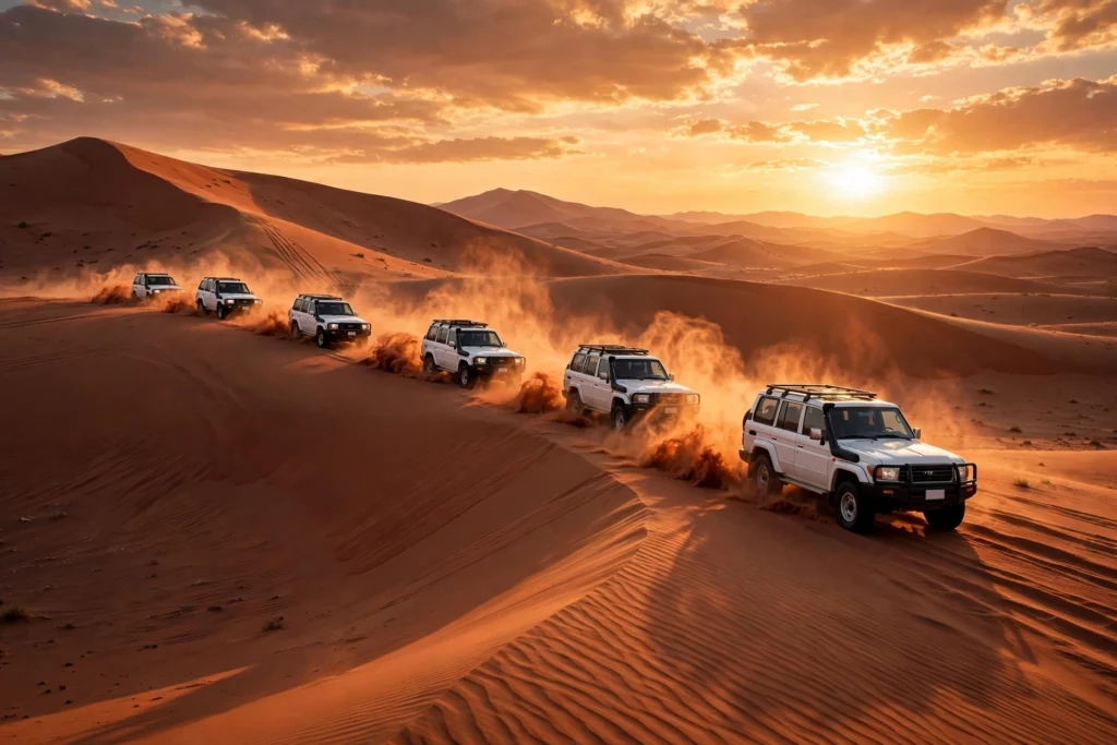4x4 vehicles dune bashing across red desert dunes at sunset on a desert safari Dubai trip