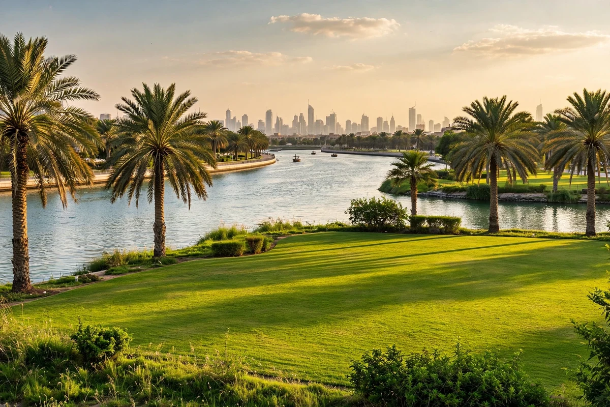 Dubai Creek Park lawns and palm trees along the creek waterfront