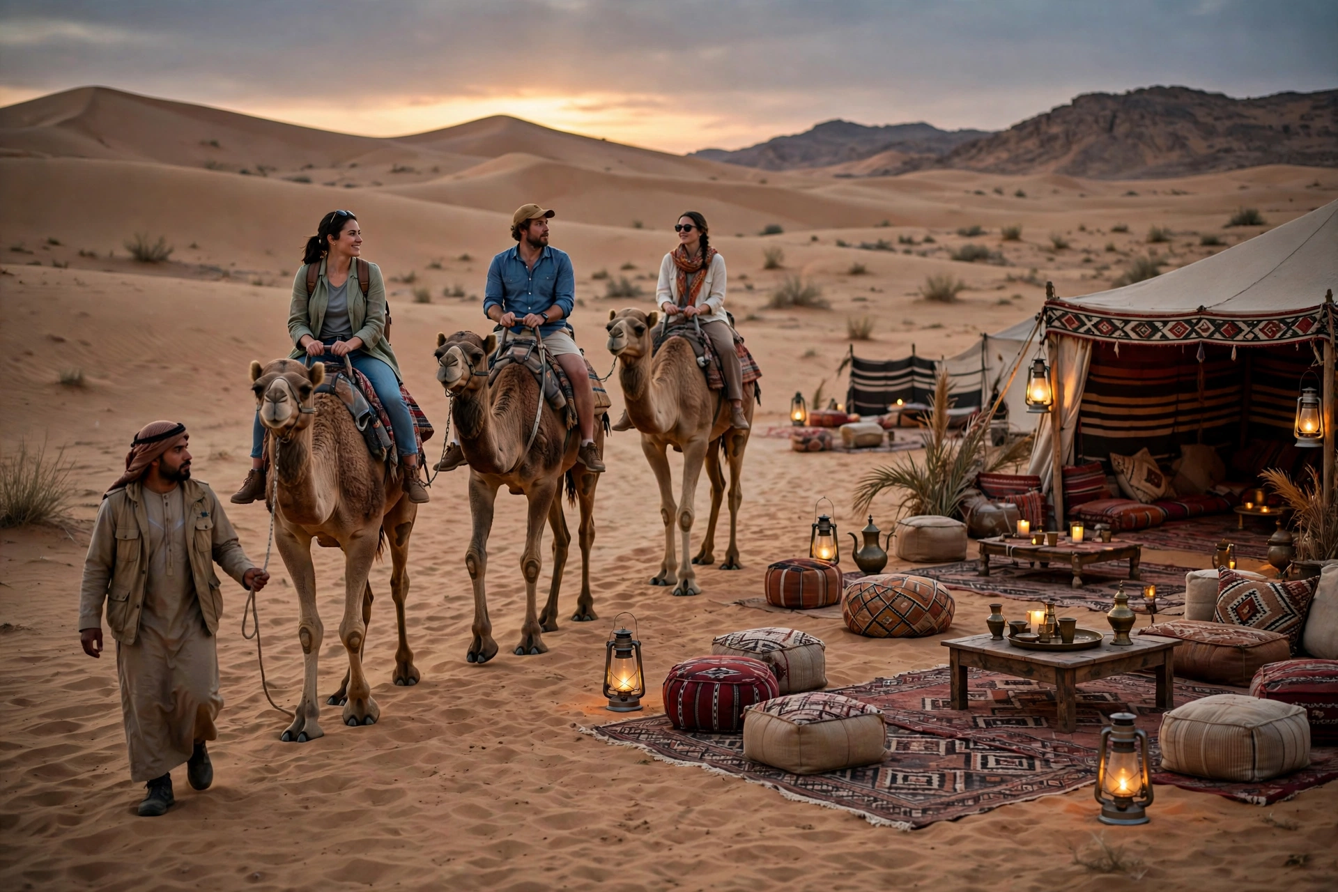 Tourists sandboarding down steep red dunes during a Dubai desert safari at sunset