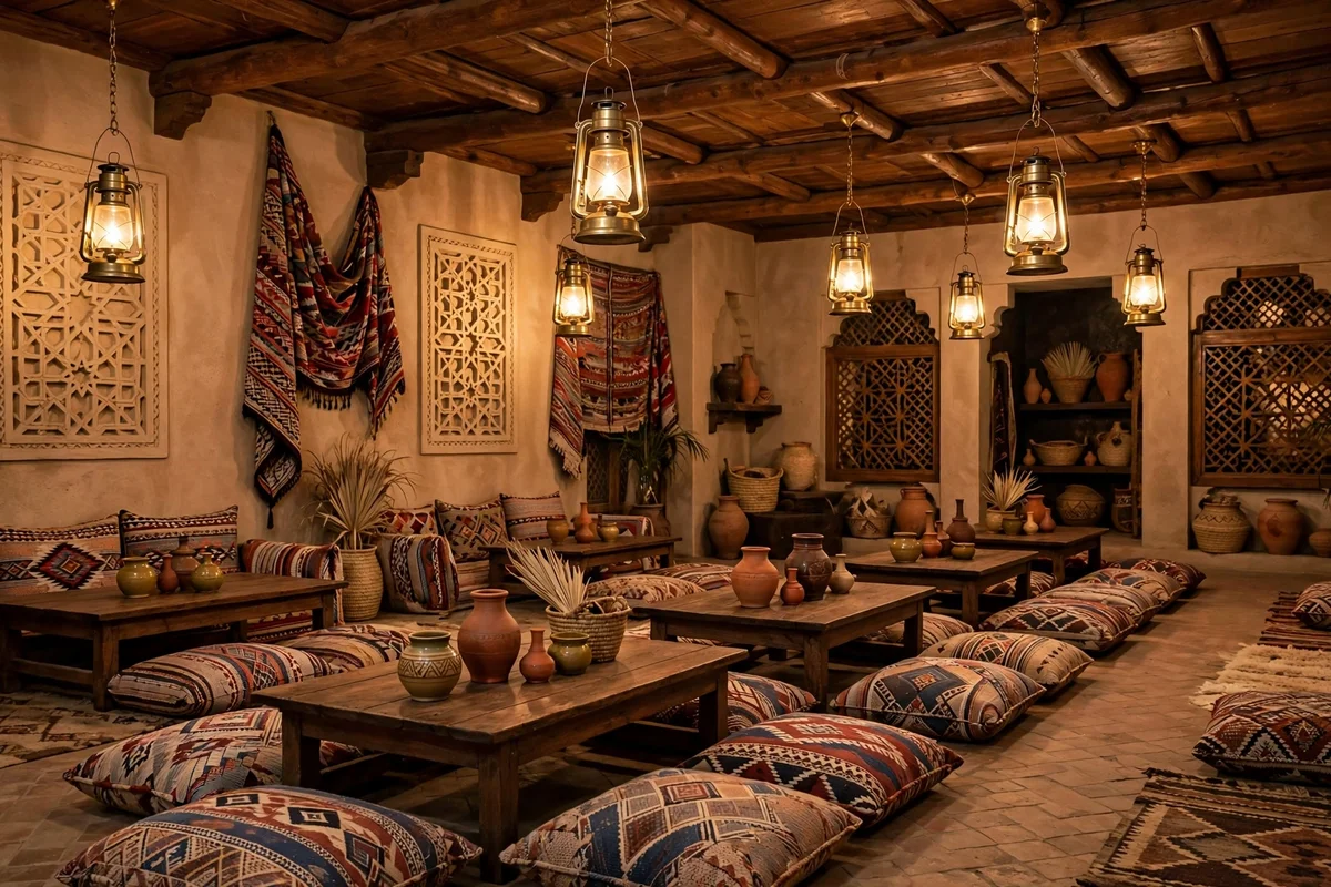 Heritage-style interior of the Zaman Awal restaurant with traditional Emirati decor