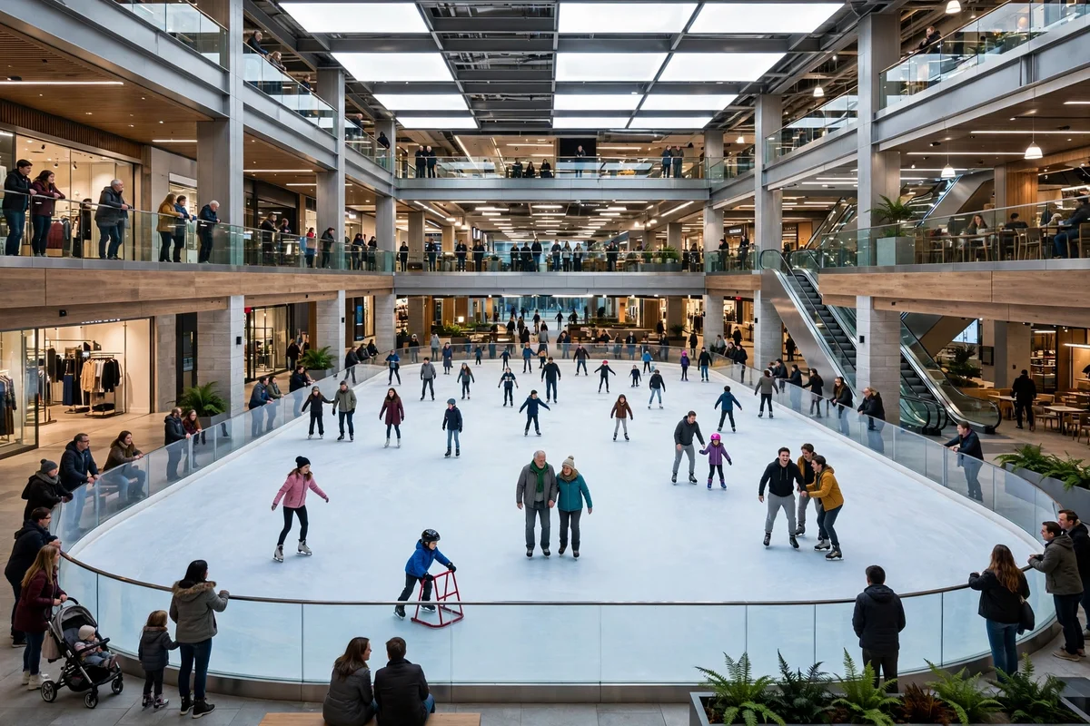 Olympic size ice rink inside Dubai Mall with skaters on the ice