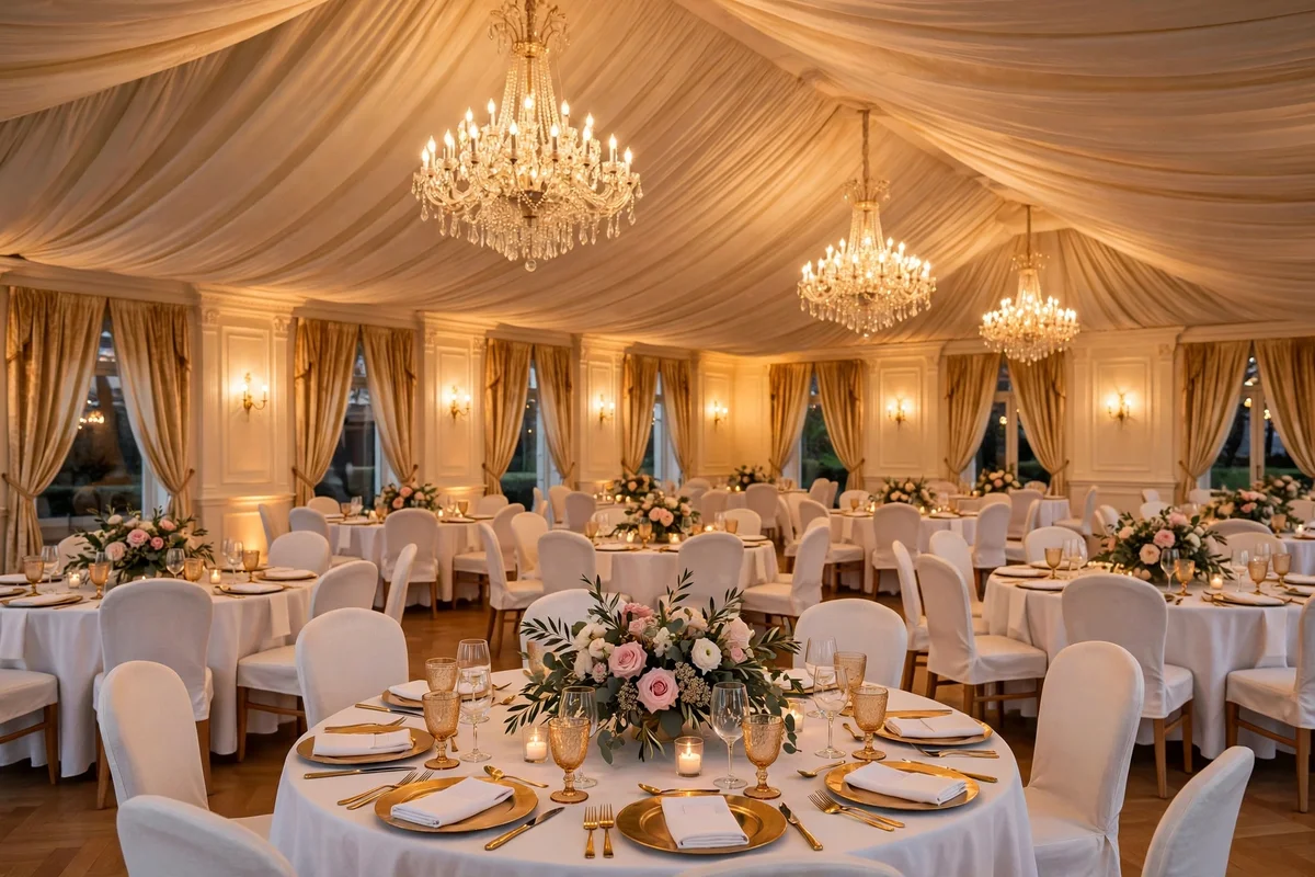 Elegant banquet hall set for a wedding reception at Al Boom Tourist Village