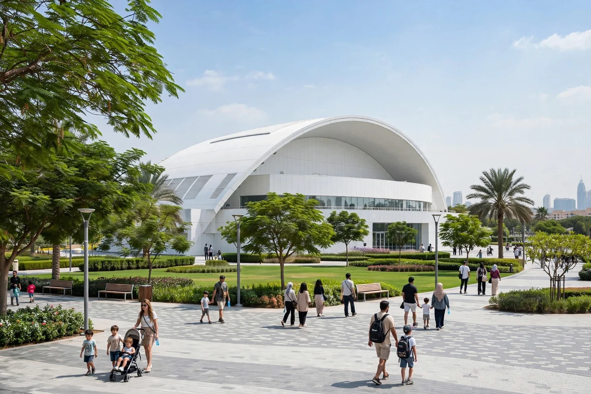 Dubai Dolphinarium building with families walking outside in Dubai Creek Park