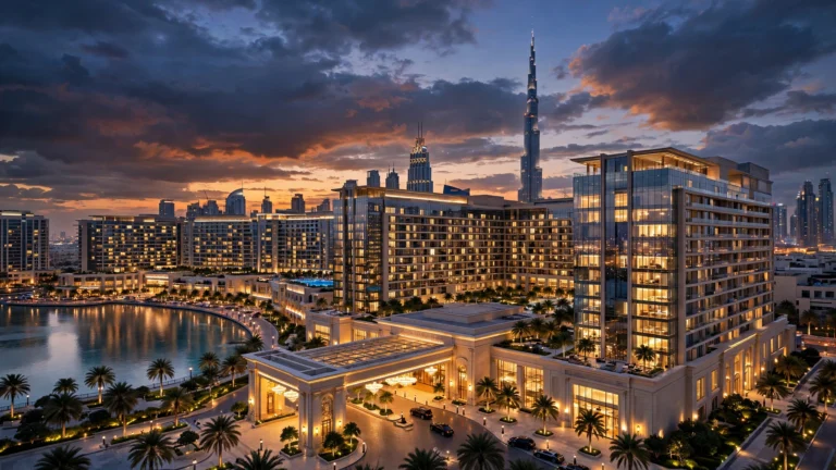 Luxury 5 star hotels in Dubai glowing at dusk near the Burj Khalifa