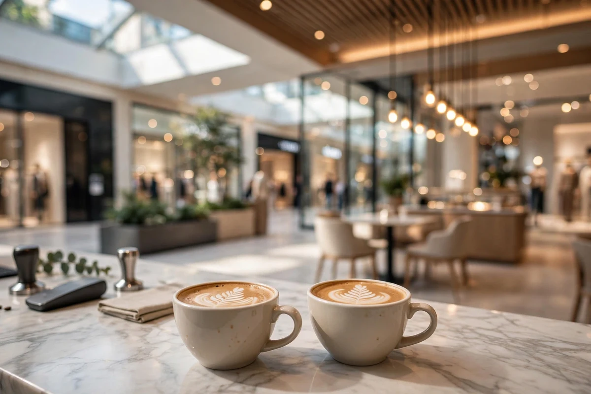 Stylish interior of one of the top dubai mall coffee shops with two flat whites on a marble counter