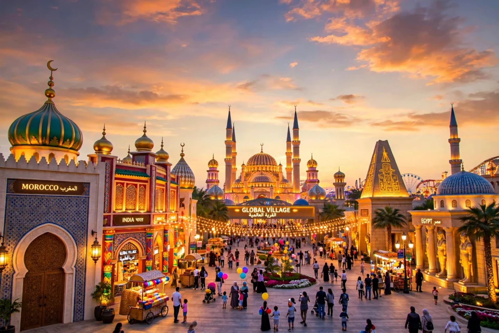 Global Village Dubai tickets: illuminated pavilions at dusk during Season 31