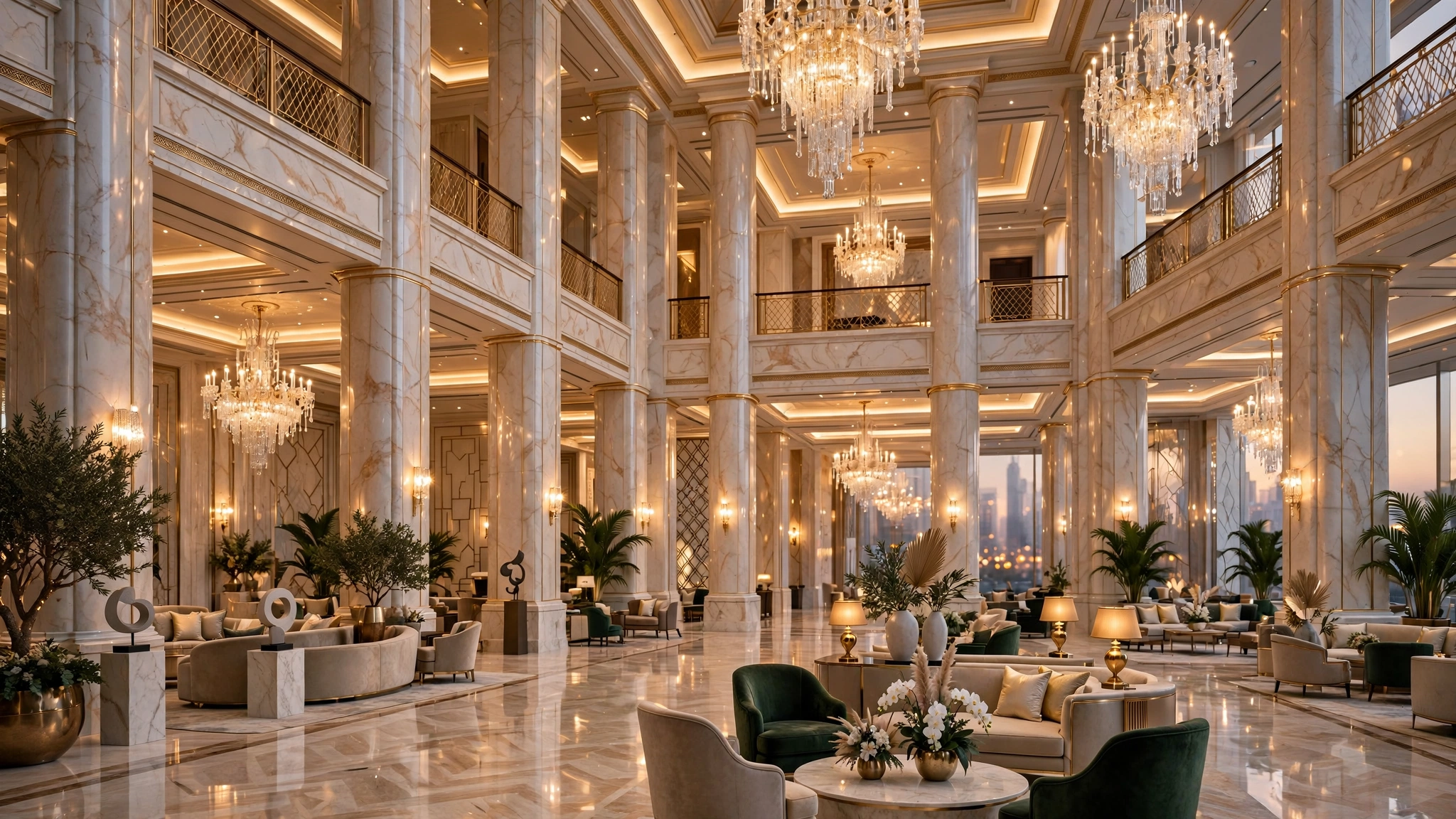 Grand marble lobby of a Dubai five-star hotel with chandeliers and elegant seating