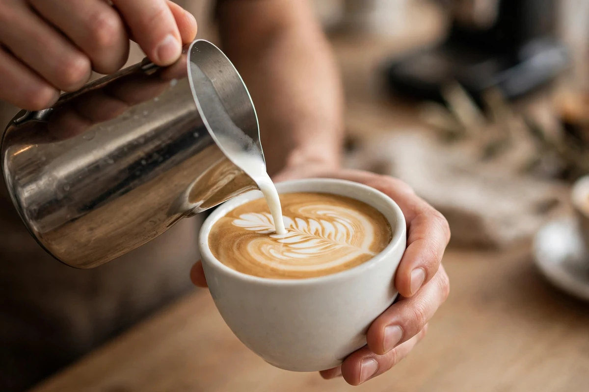 Barista pouring a flat white with rosetta latte art at a Dubai Mall specialty coffee bar