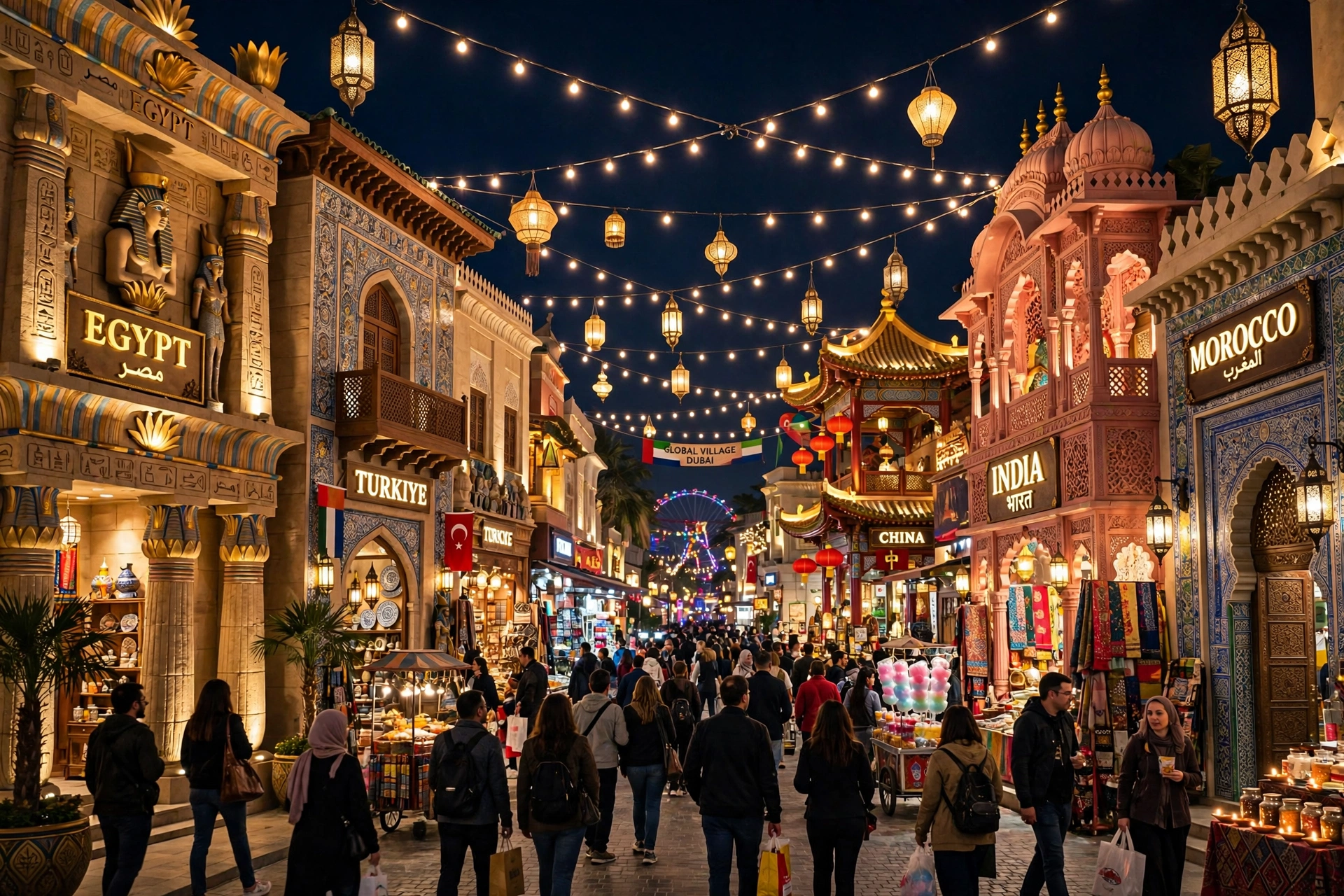 Global Village Dubai tickets: illuminated pavilions at night during Season 31