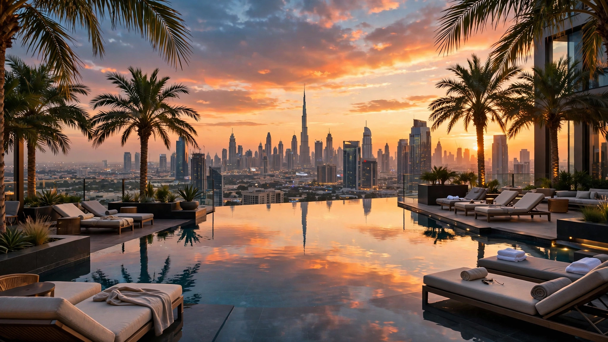 Infinity pool at a Dubai luxury hotel overlooking the skyline at sunset