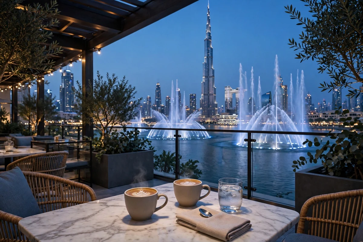 Coffee cups on a café terrace with Dubai Fountain and Burj Khalifa views near Dubai Mall
