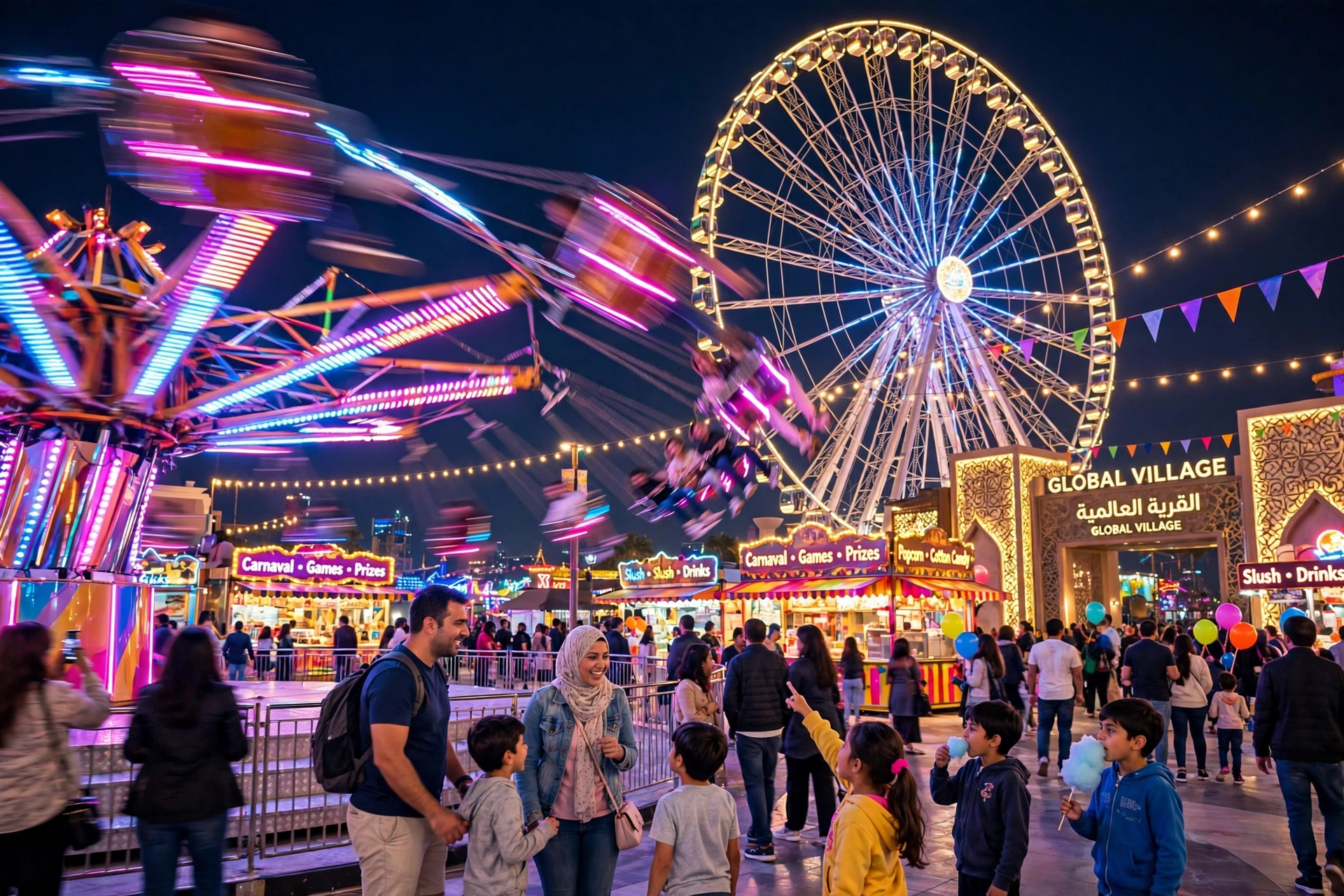 Carnaval rides lit up at night at Global Village Dubai