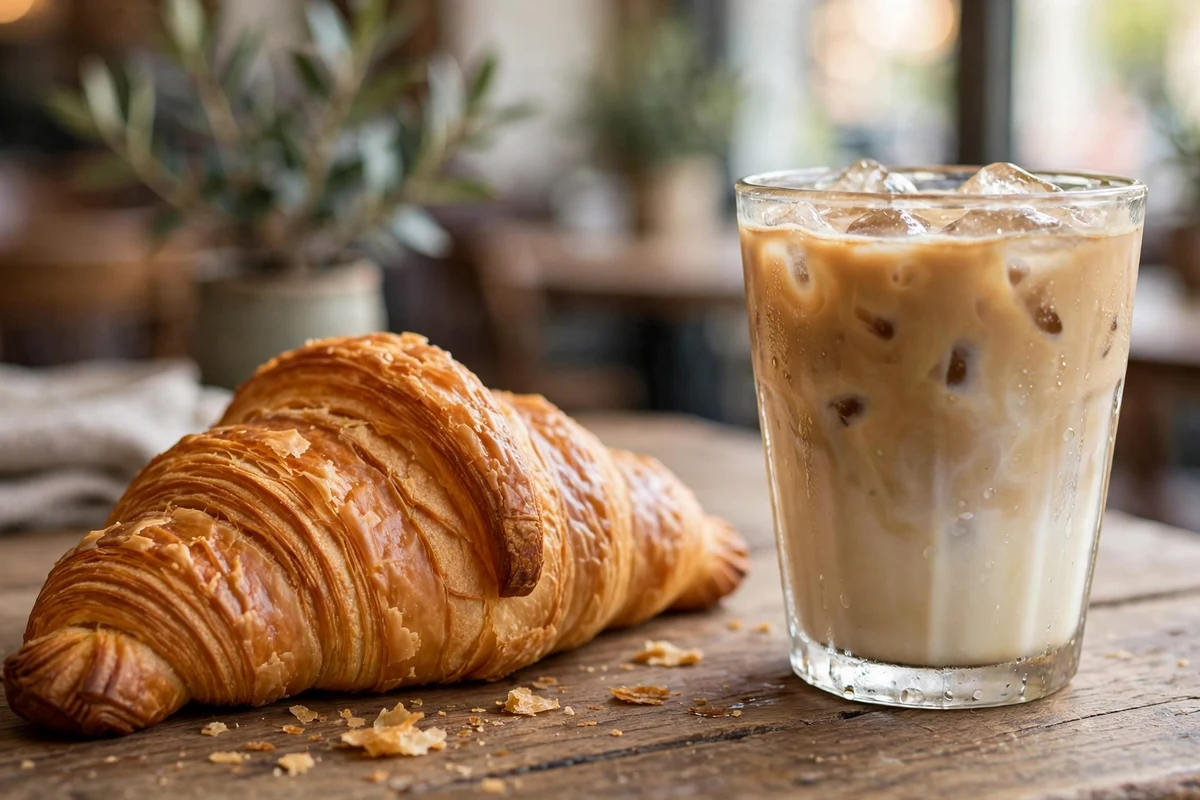 A flaky butter croissant and an iced Spanish latte on a wooden café table inside a Dubai Mall café