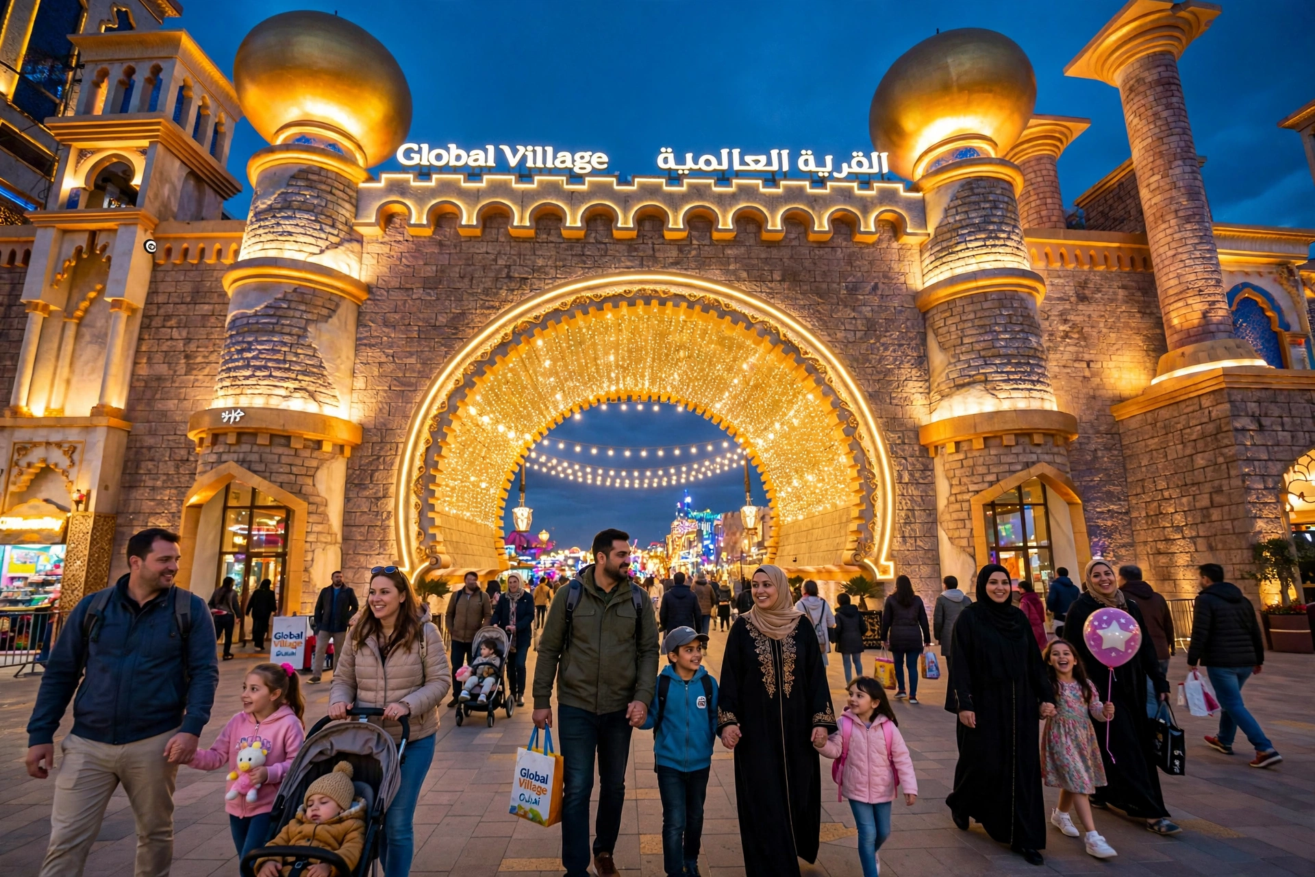 Families entering Global Village Dubai at the main gate in the evening