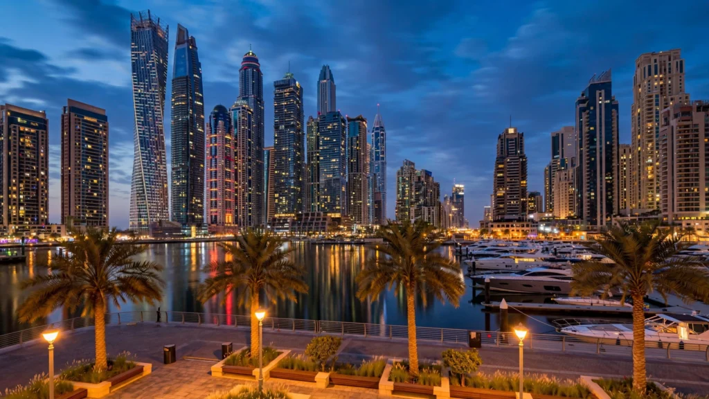 Dubai Marina Walk at dusk with illuminated residential towers reflected in the marina water