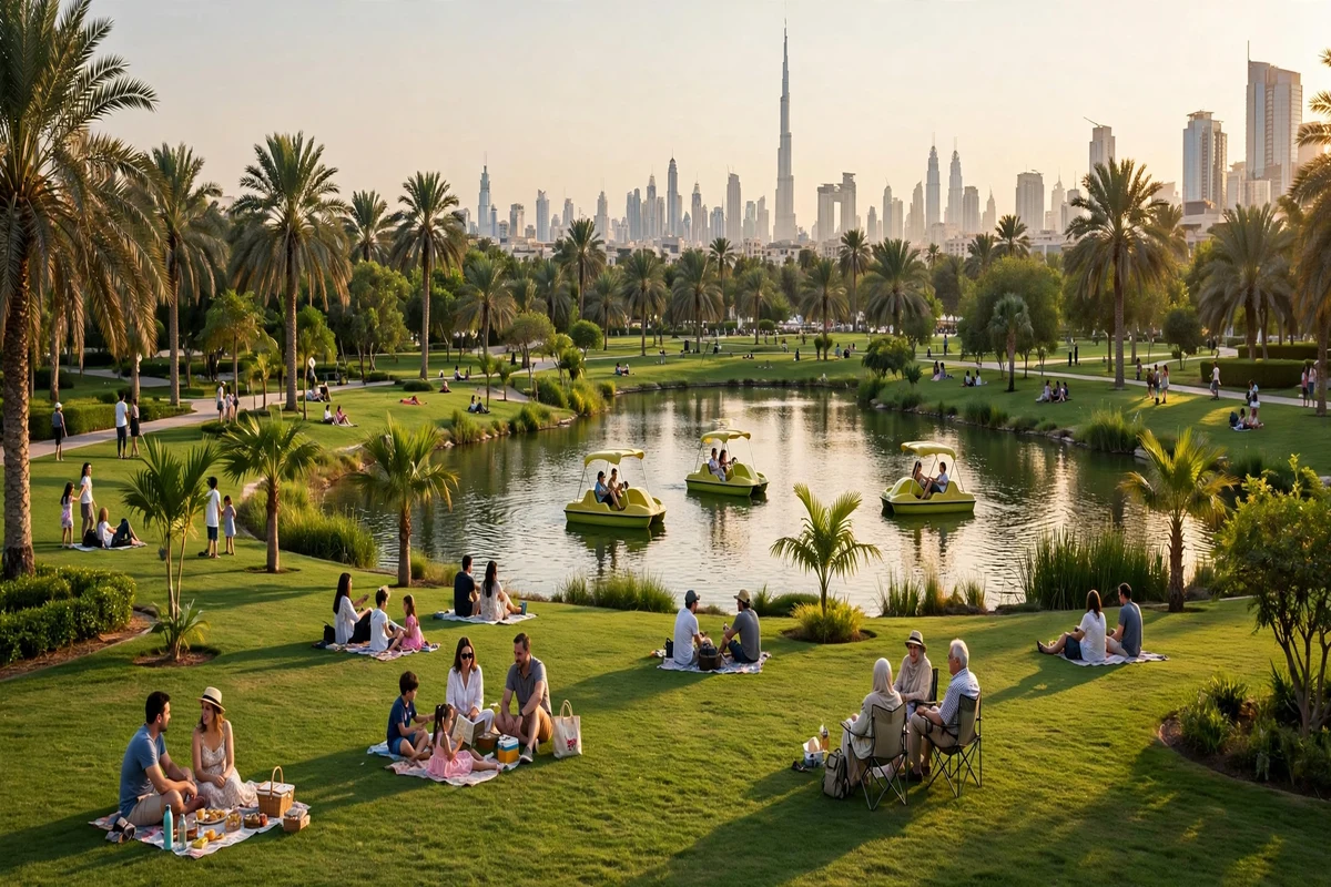 Public parks in Dubai: green lawns and a lake with the city skyline behind