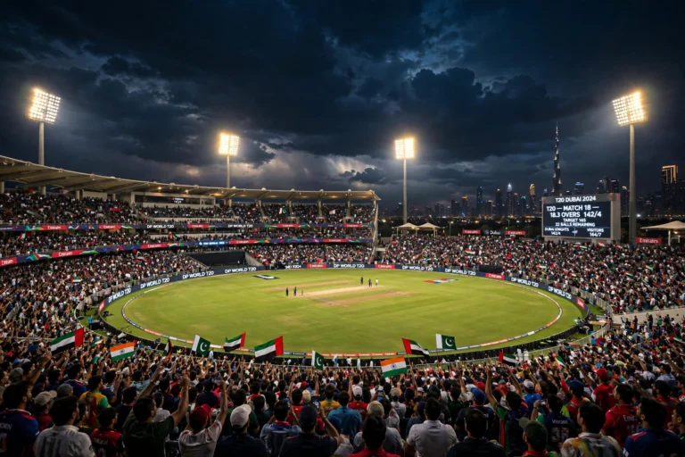 World Championship of Legends match under floodlights at Dubai International Cricket Stadium