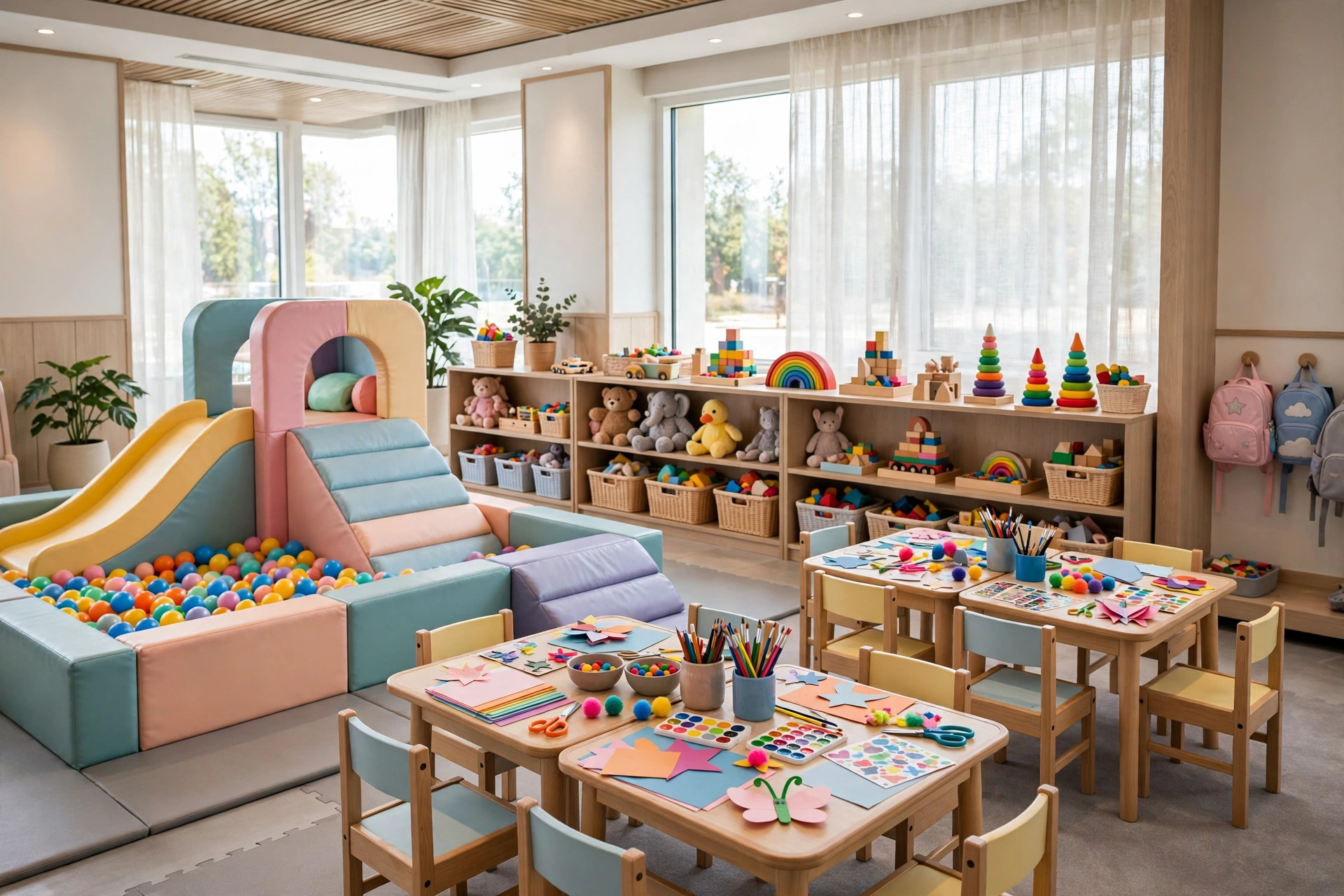 Bright hotel kids club playroom with colourful play structures in Dubai