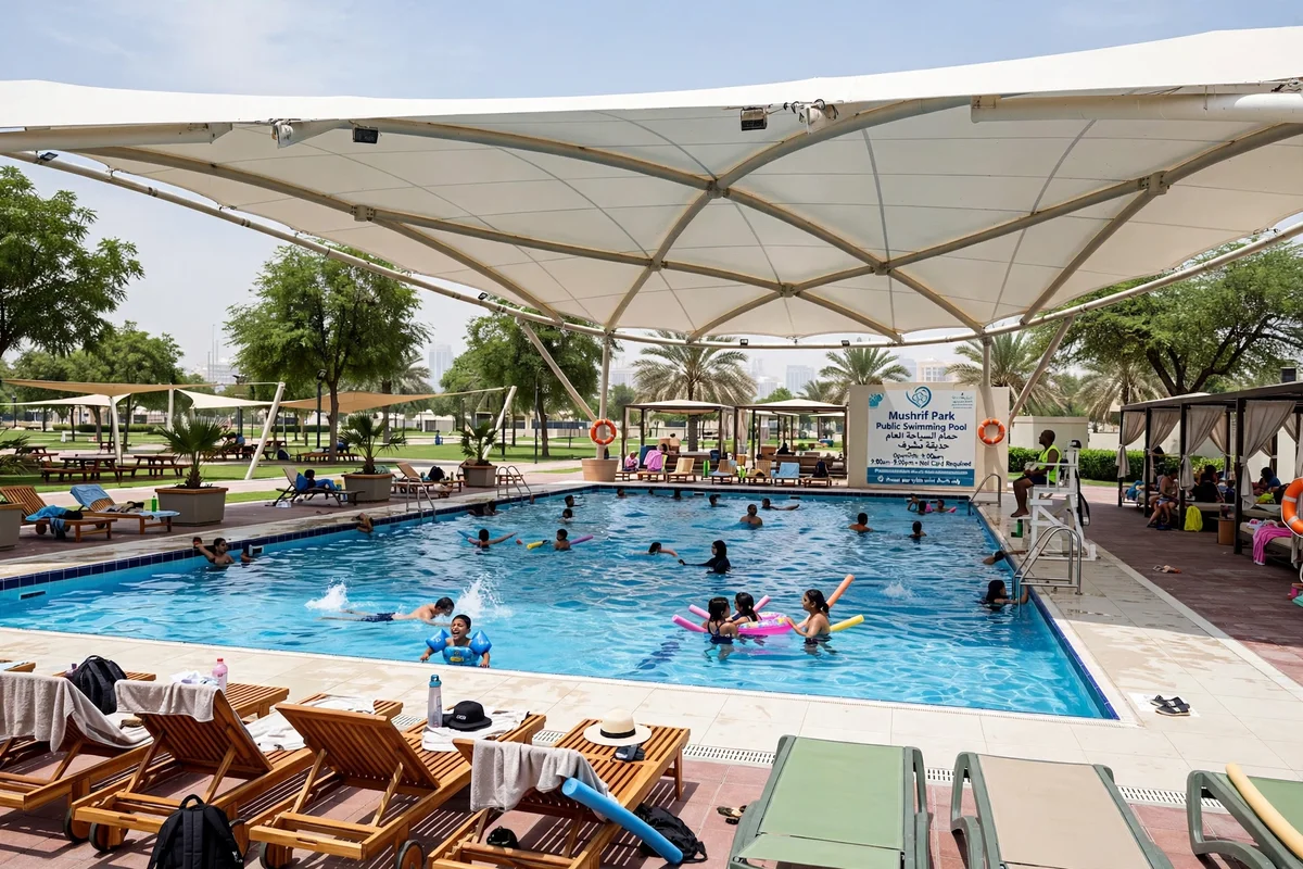 Swimming pool at Mushrif Park Dubai with swimmers and shaded seating