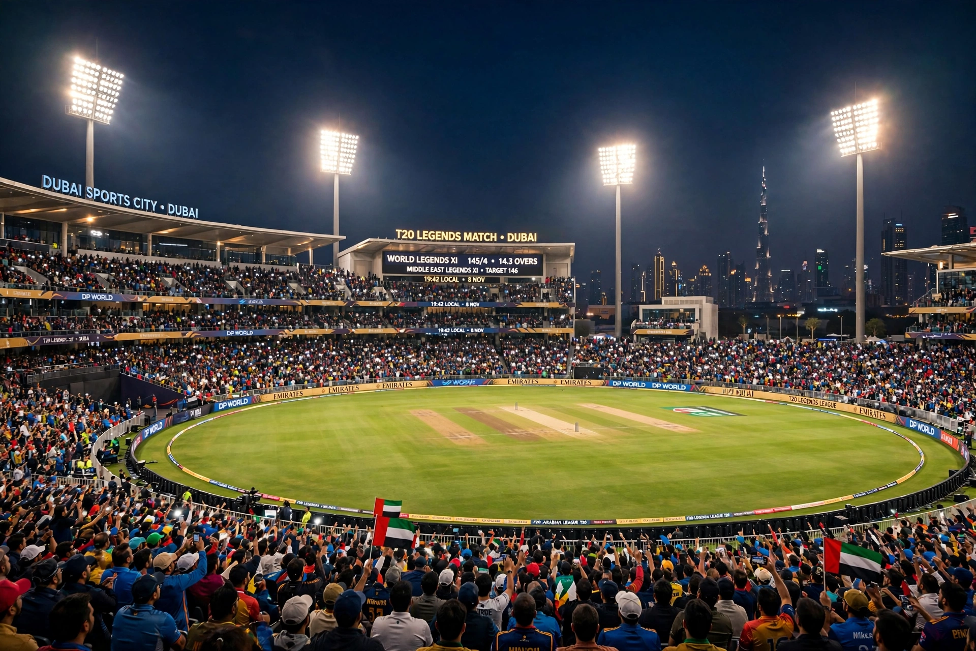World Championship of Legends match under lights at Dubai International Cricket Stadium