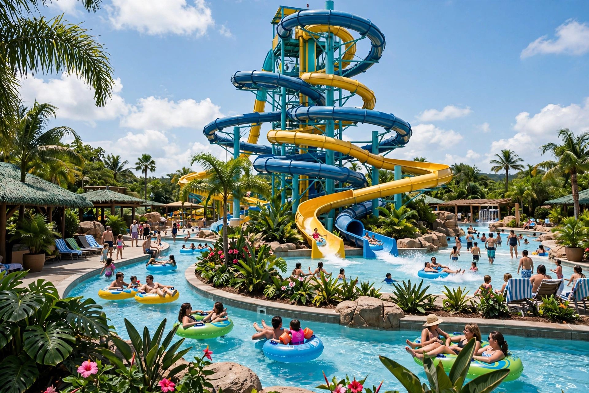 Families enjoying waterslides and a lazy river at a Dubai waterpark