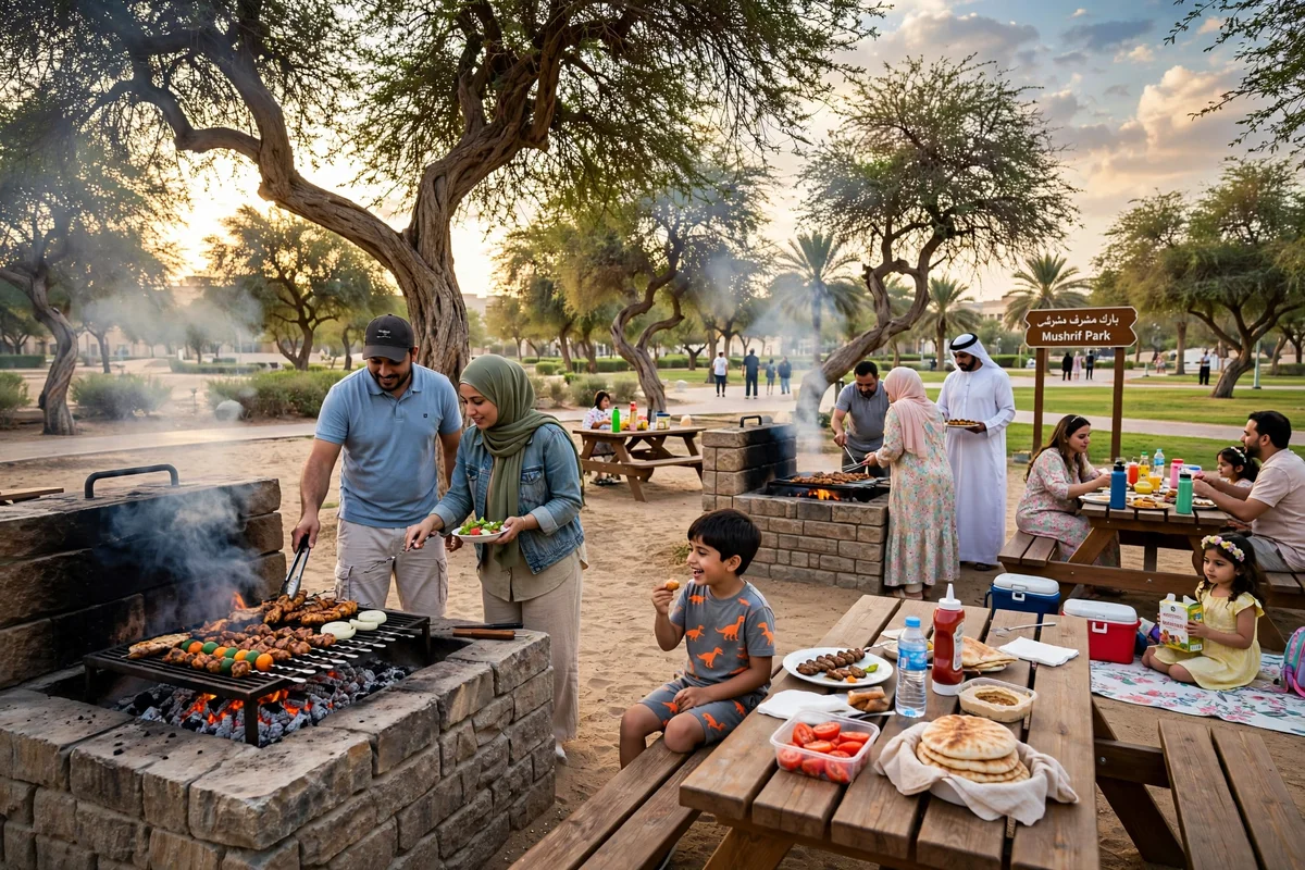 Stone barbecue pits with families grilling at Mushrif Park Dubai