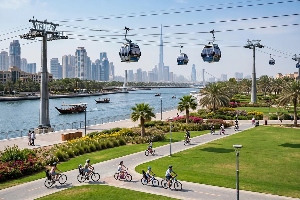 Cable car cabins gliding over the waterfront lawns of Dubai Creek Park