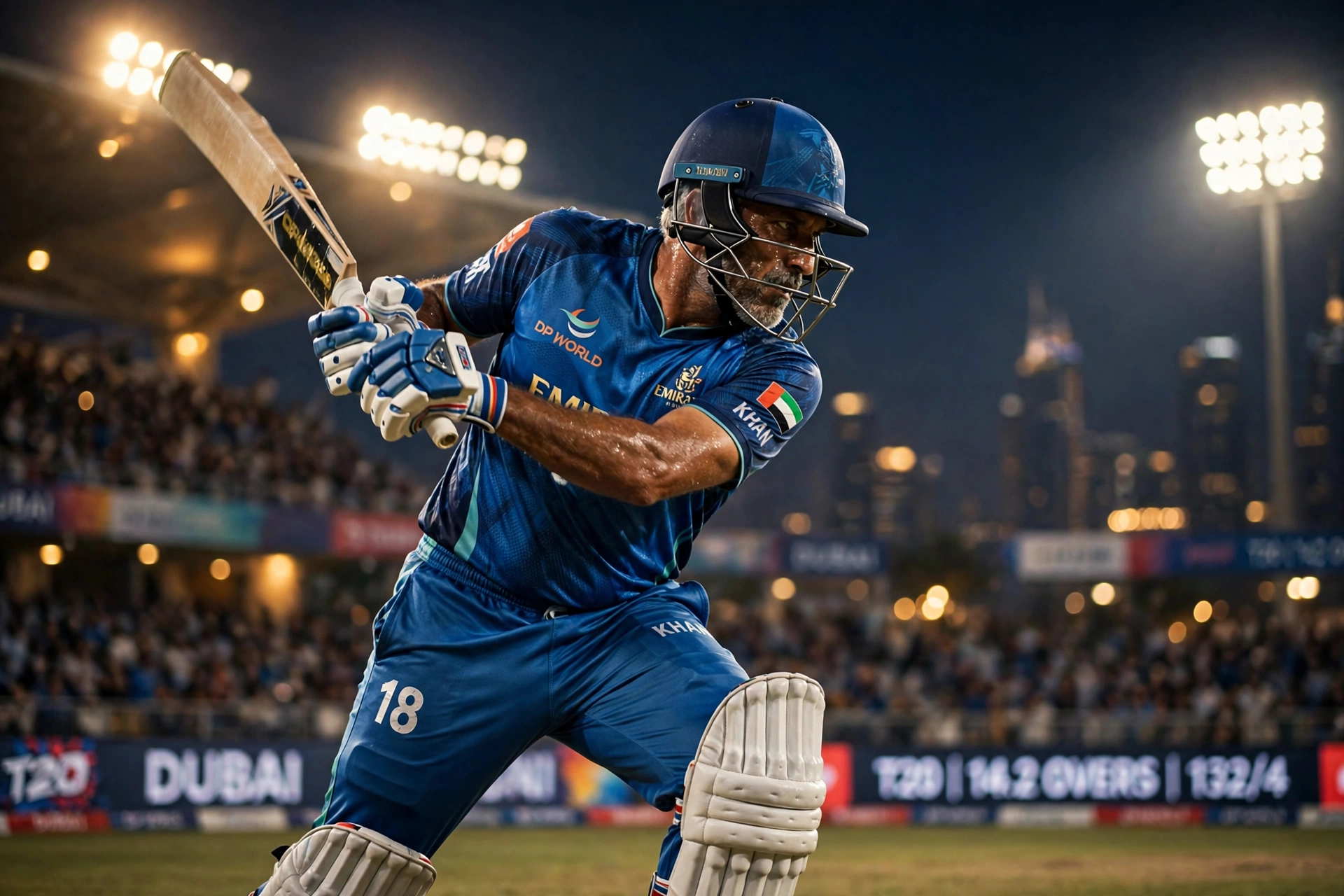 Batsman playing a shot under stadium lights during a World Championship of Legends game in Dubai