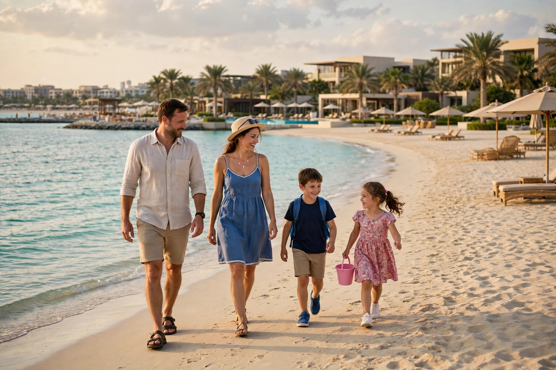 Family with children walking on a Dubai beach at sunset