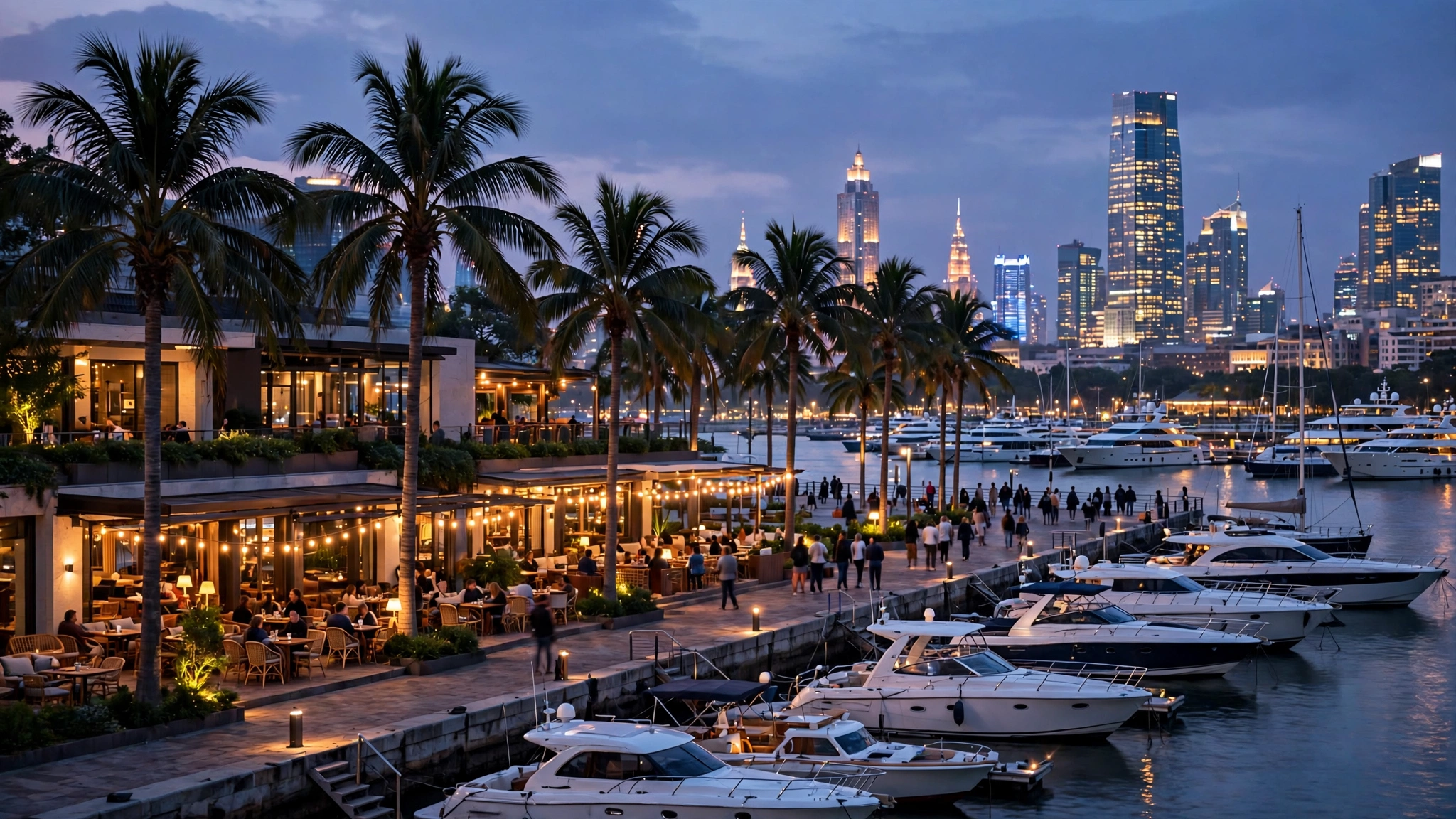 Restaurants and palm trees along the Marina Walk promenade in the evening