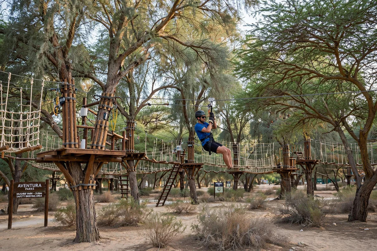 Aventura adventure park zipline course through ghaf trees at Mushrif Park Dubai