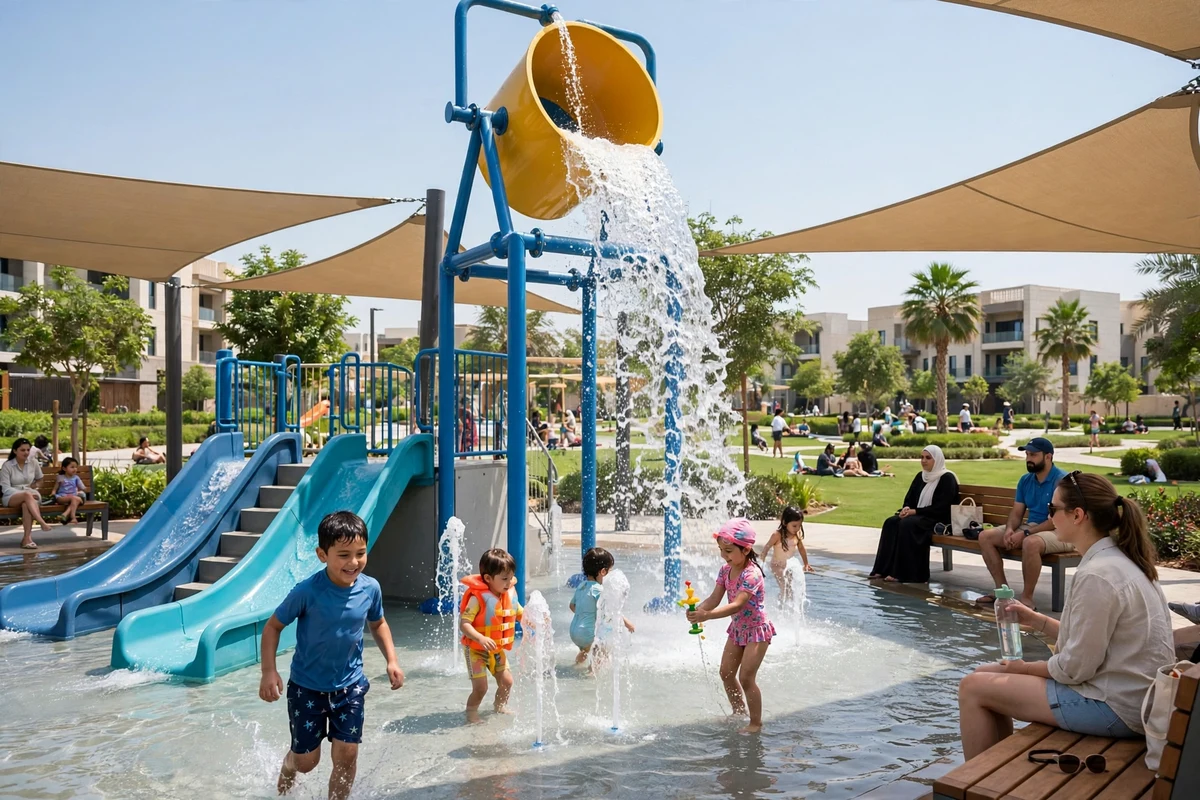 Children playing in the splash park at Dubai Hills Park