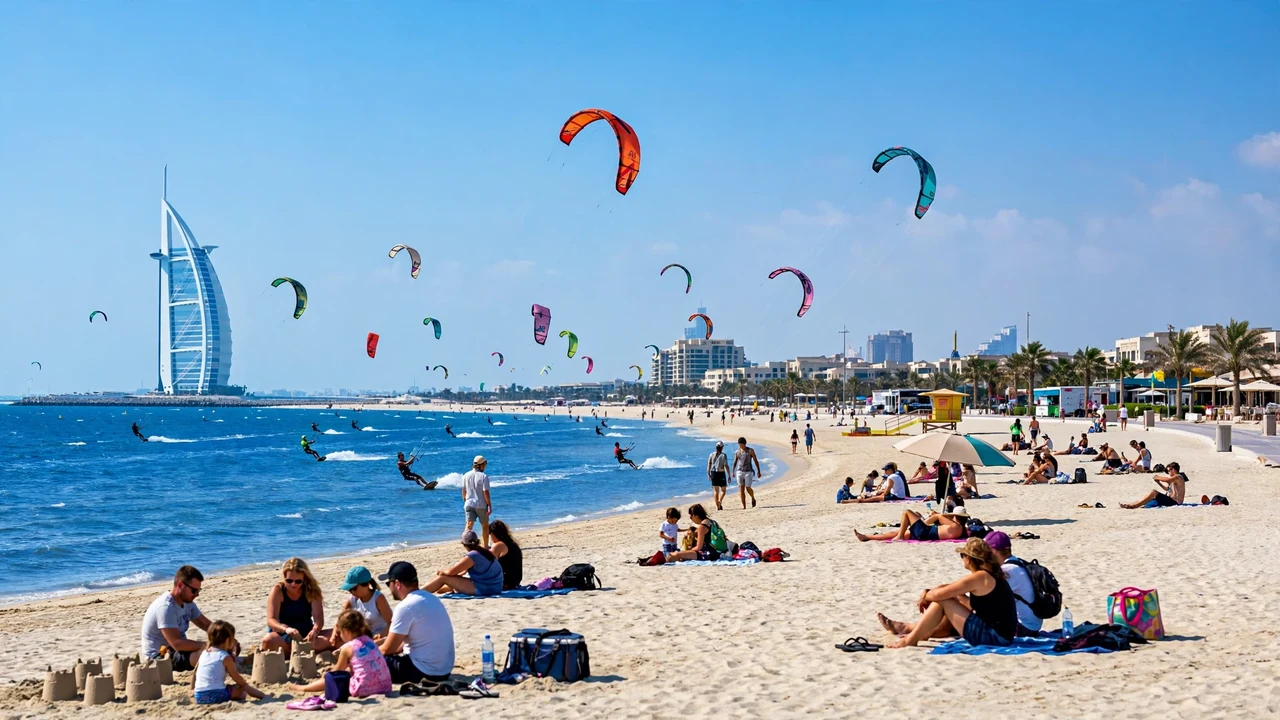 Kite surfers with colourful kites over the water at Kite Beach Dubai