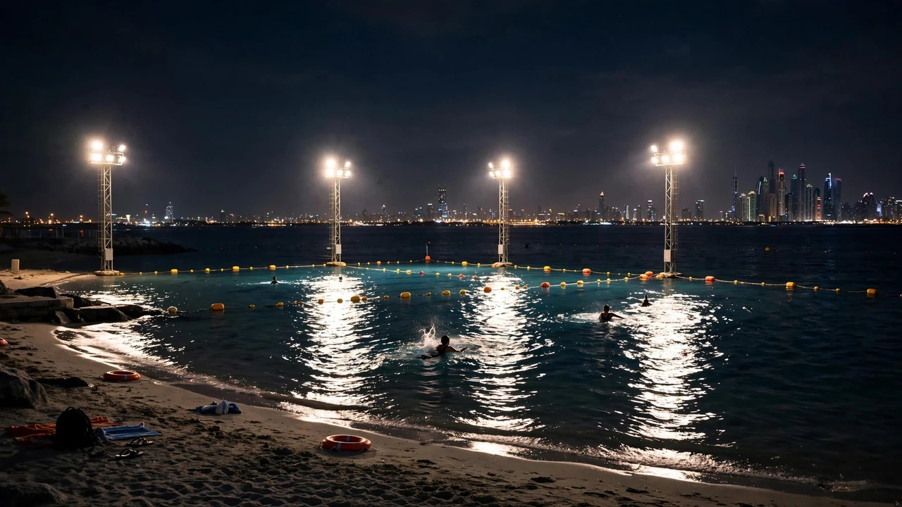 Floodlit night swimming zone at a Dubai beach after dark, swimmers in the marked lit area