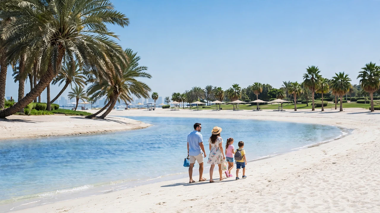 Palm trees and calm turquoise water at Al Mamzar Beach Park Dubai